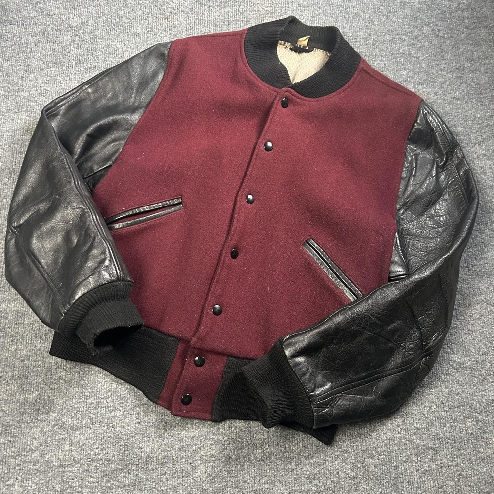 Vintage Butwin Jacket Mens 42 Red Wool Black Leather Varsity Bomber Lined 50s